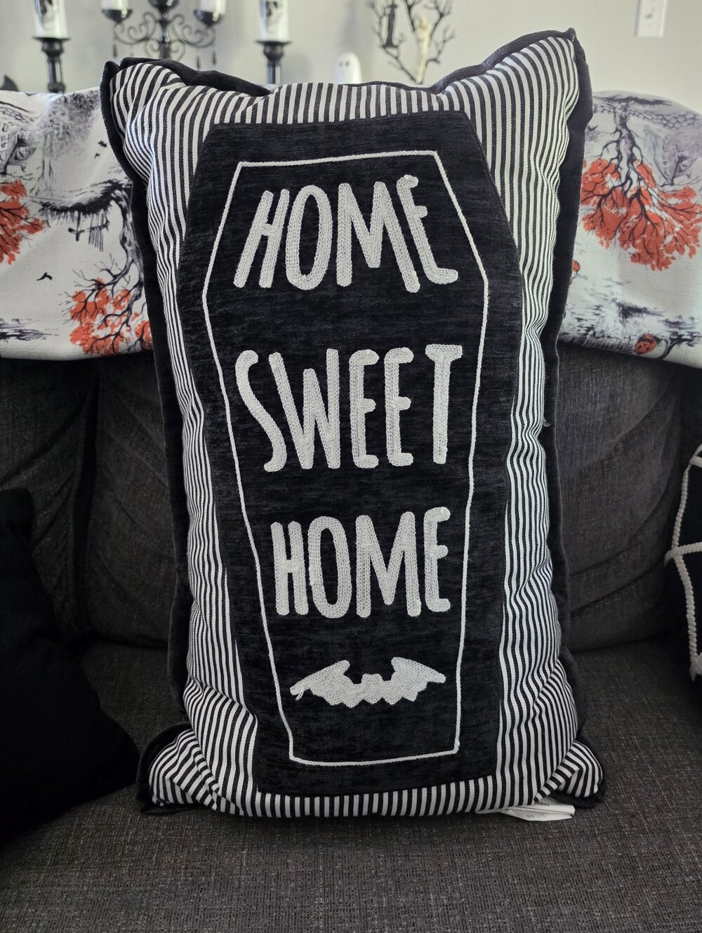 Home Sweet Home Black & White Decorative Coffin Halloween Throw Pillow